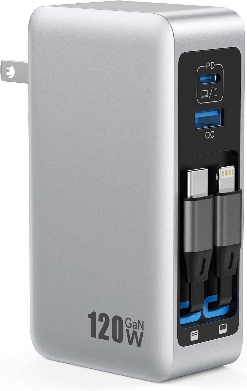 120W USB C Charger Block with 2 Built-in Retractable Cables,4-in-1 GaN IV Foldab