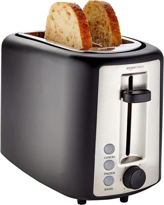 Amazon Basics 2 Slice Toaster, Extra Wide Slots for Bagels, 6 Browning Settings,