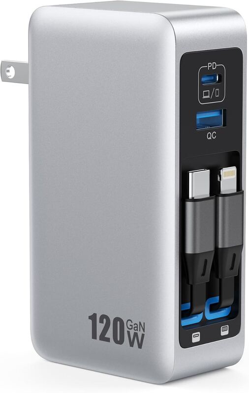 120W USB C Charger Block with 2 Built-in Retractable Cables,4-in-1 GaN IV Foldab