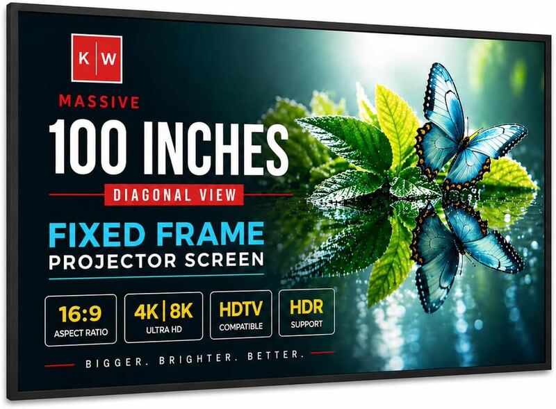Fixed Frame Projector Screen - Matte 100 inch - Hang on Wall - 4K - 8K Ultra HD,